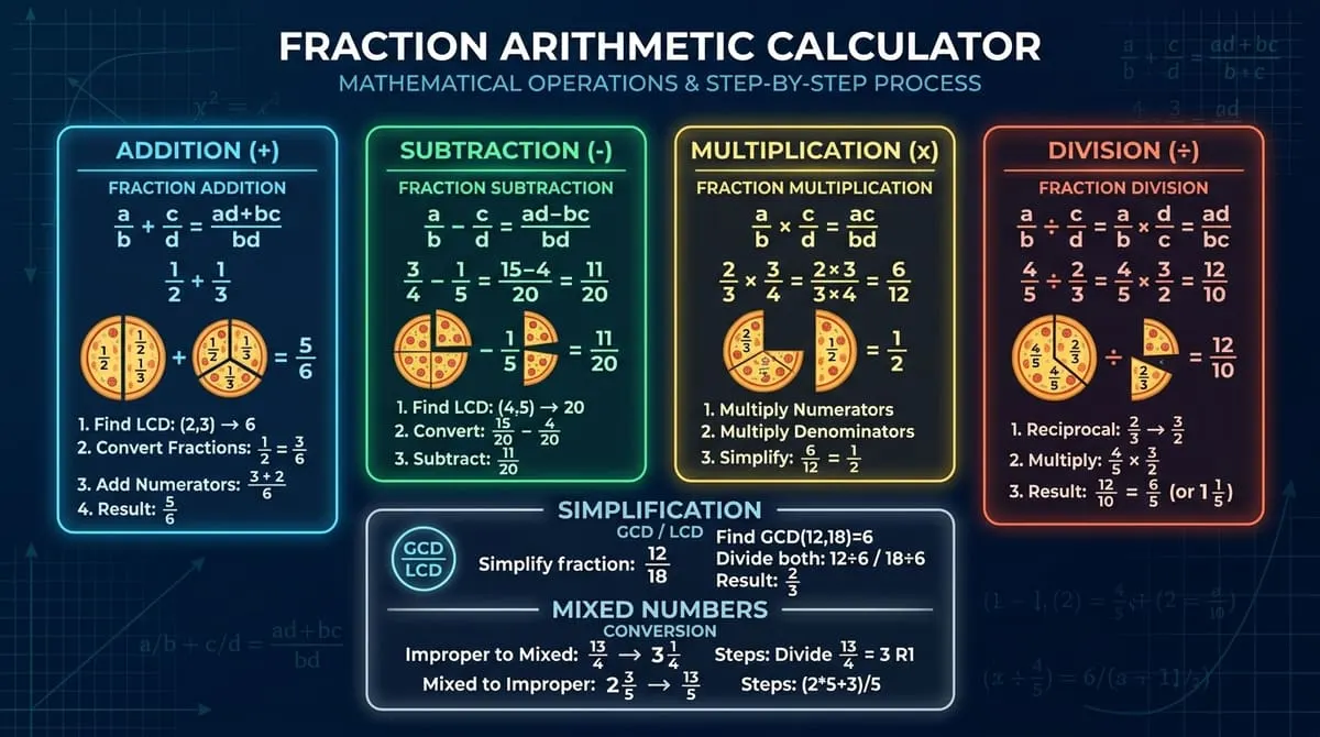 Fraction Arithmetic Calculator Infographic