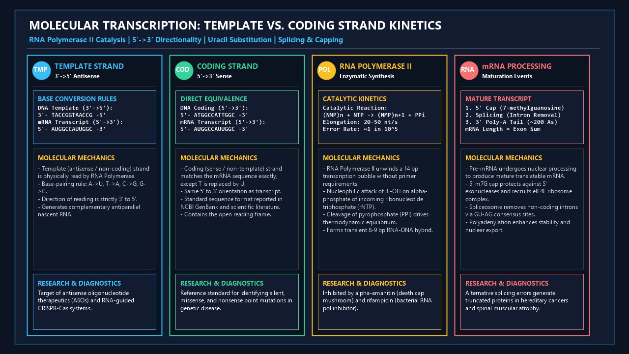 Molecular Transcription: Template vs. Coding Strand Kinetics